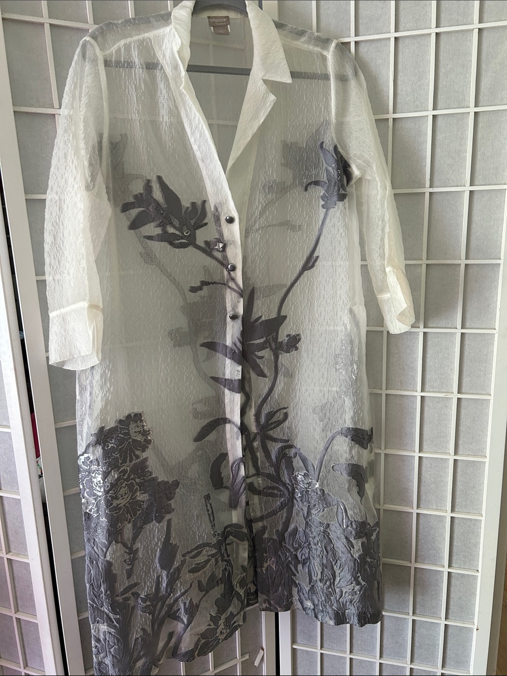 Chico's Sheer Silver / White Long Floral Overlay Coat/ Duster